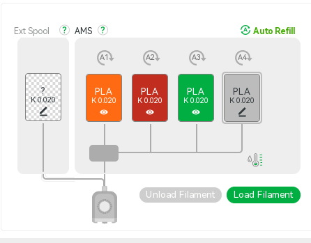 Bambu Studio AMS status showing configured filament