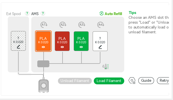 Bambu Studio AMS status showing unknown filament inserted