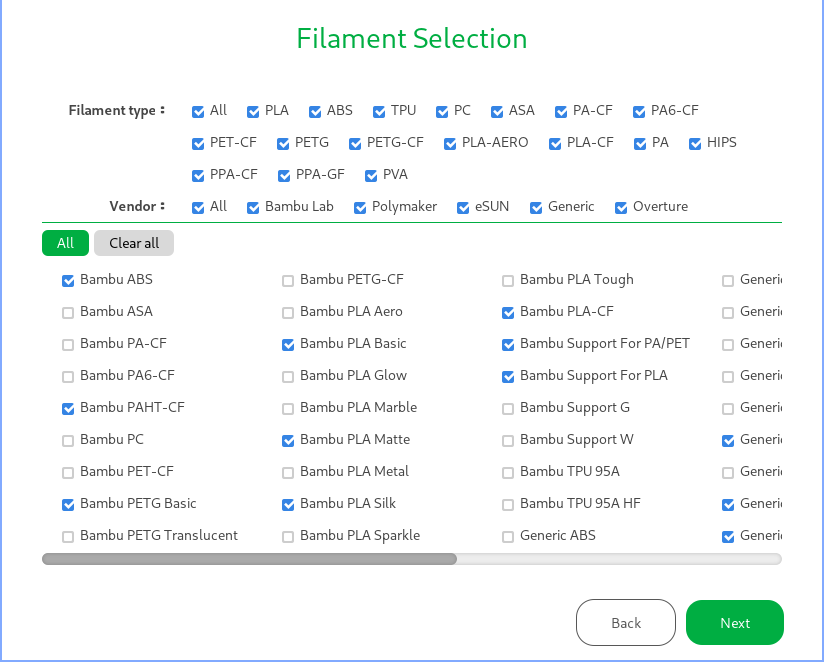 Bambu Studio filament selection page