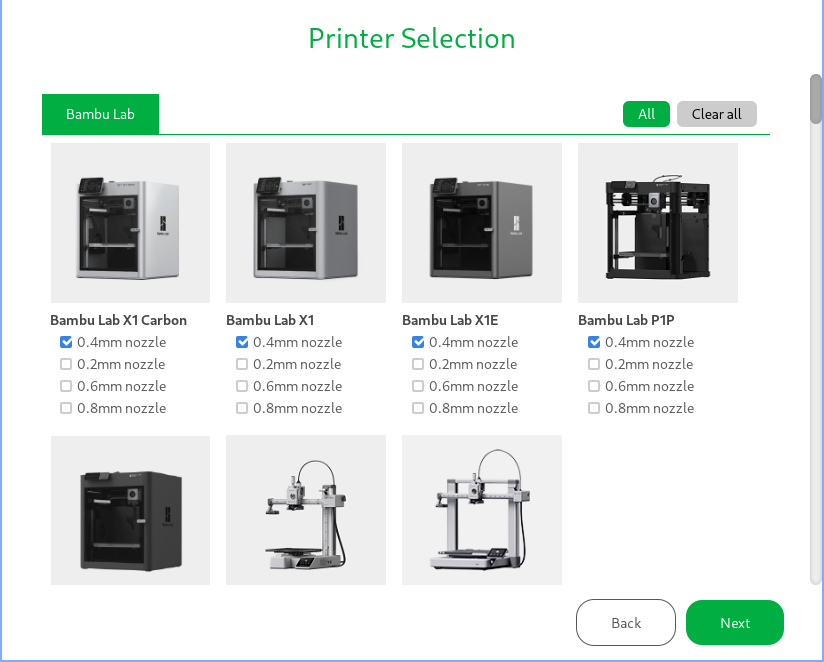 Bambu Studio printer selection page with default options