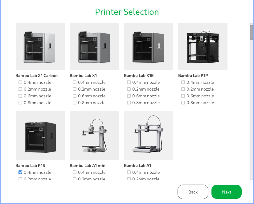 Bambu Studio printer selection page with correct printer selected